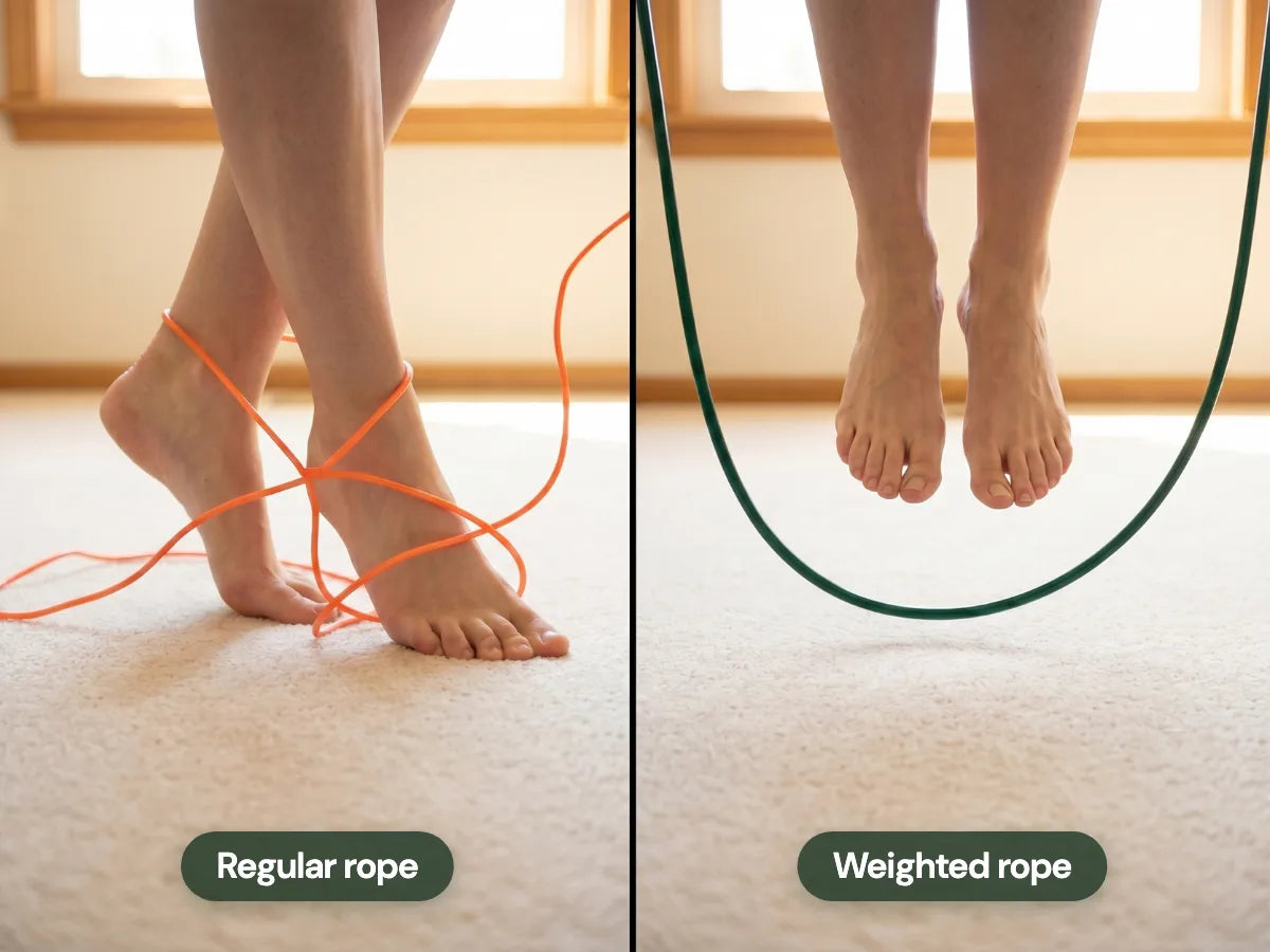 A weighted rope swinging cleanly underfoot versus a light rope tangling