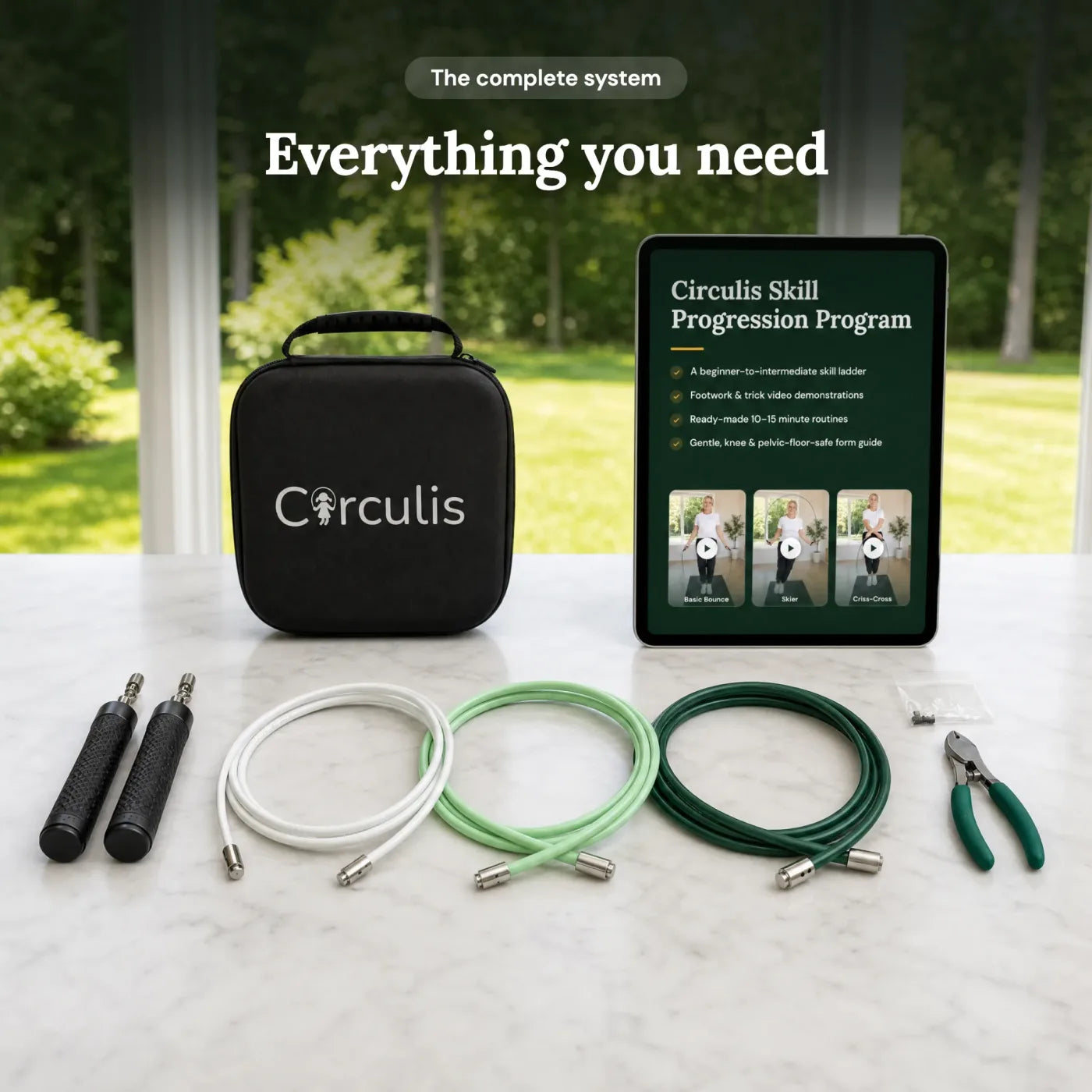 Everything you need: the complete Circulis system — two handles, three interchangeable cables, carry case, tools, and the skills program on a tablet