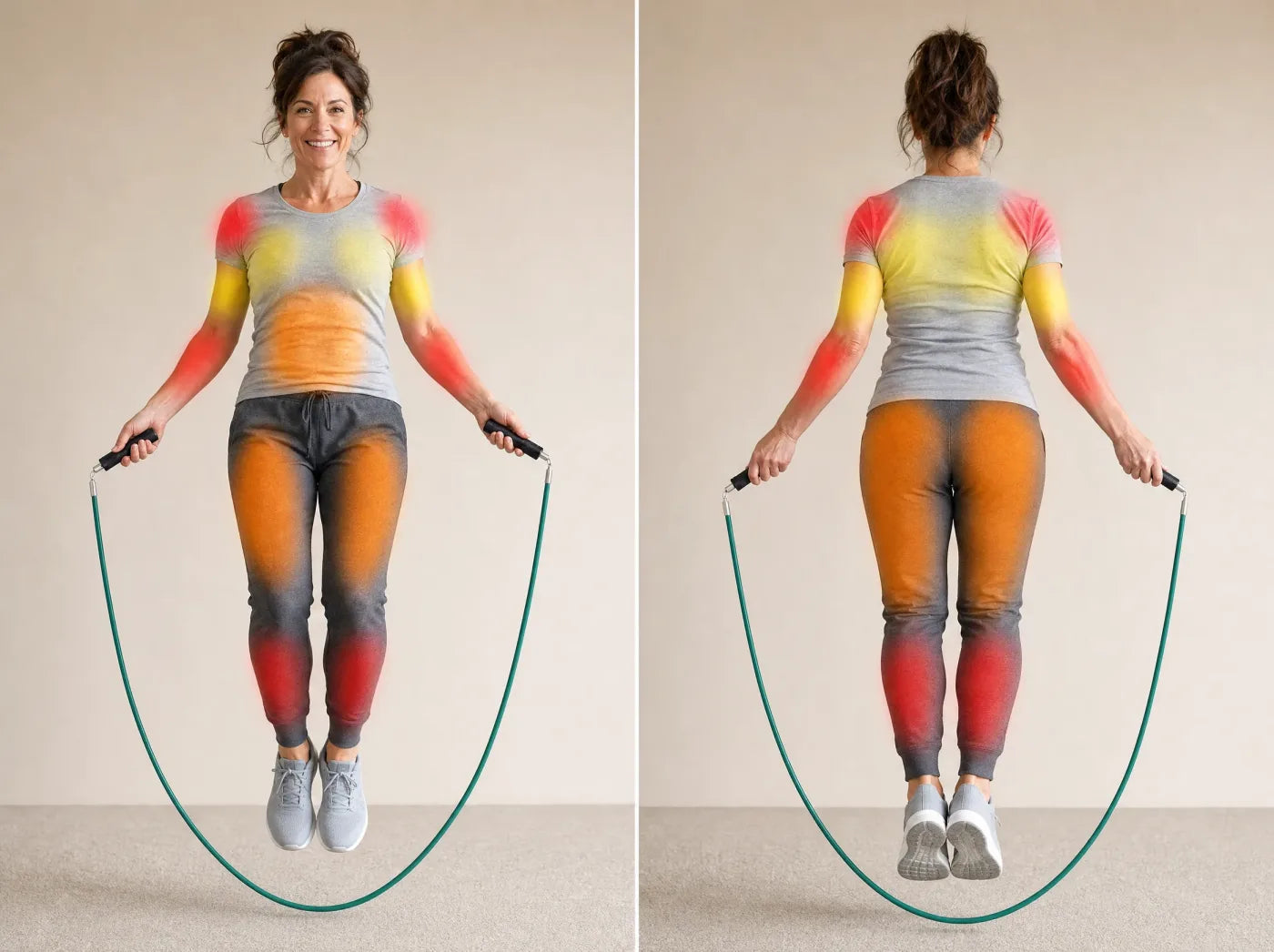 A woman in her 50s jumping the weighted Circulis rope at home