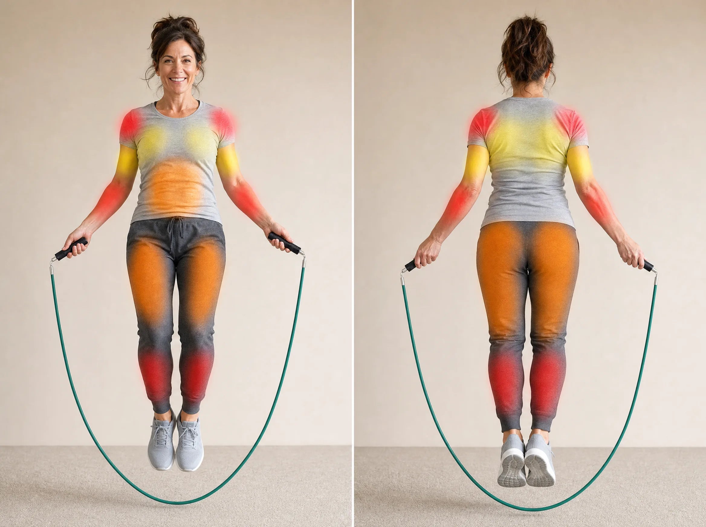 A woman in her 50s jumping the weighted Circulis rope at home