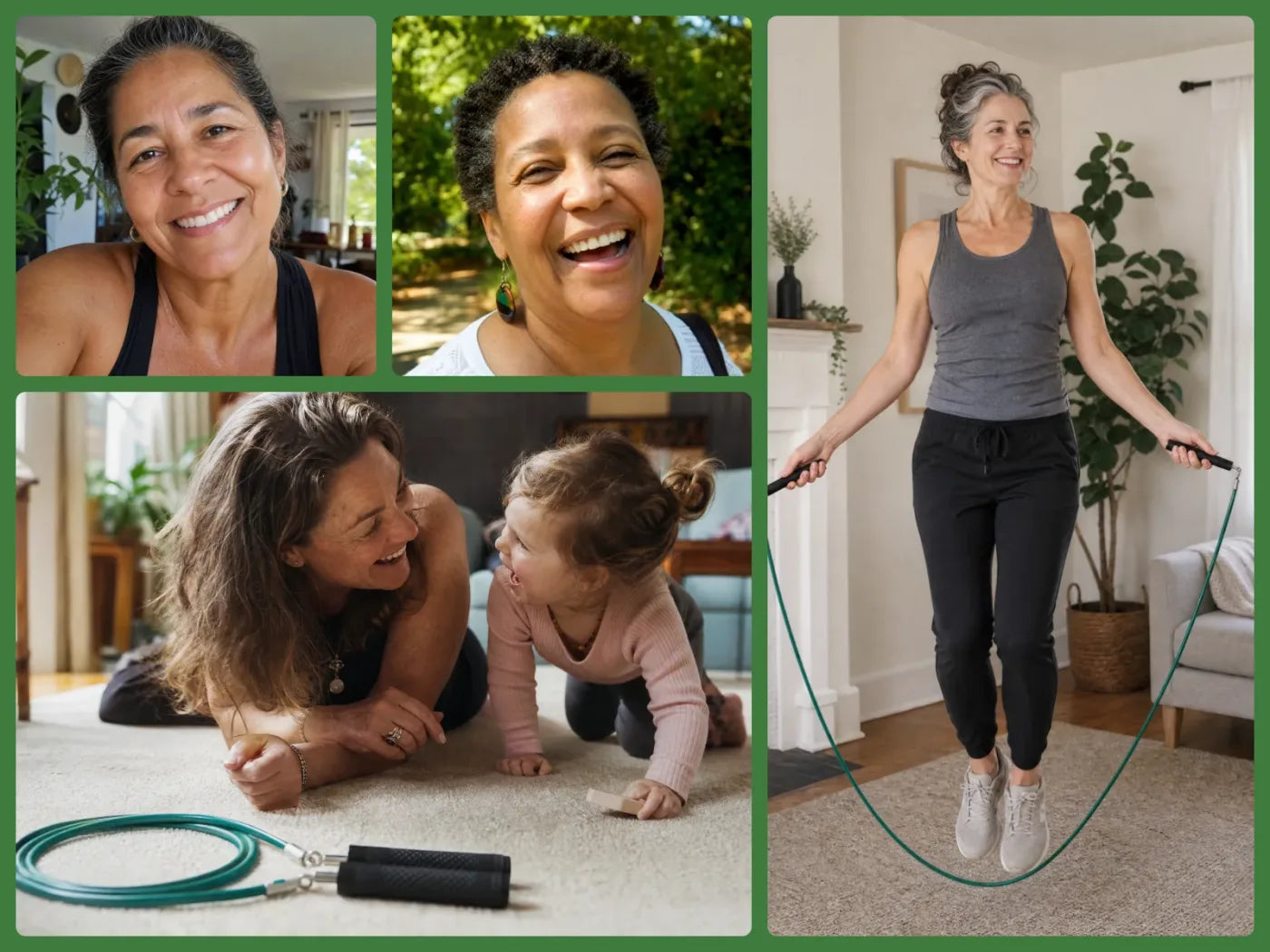 Women in their 50s and 60s thriving at home — laughing, active, and strong