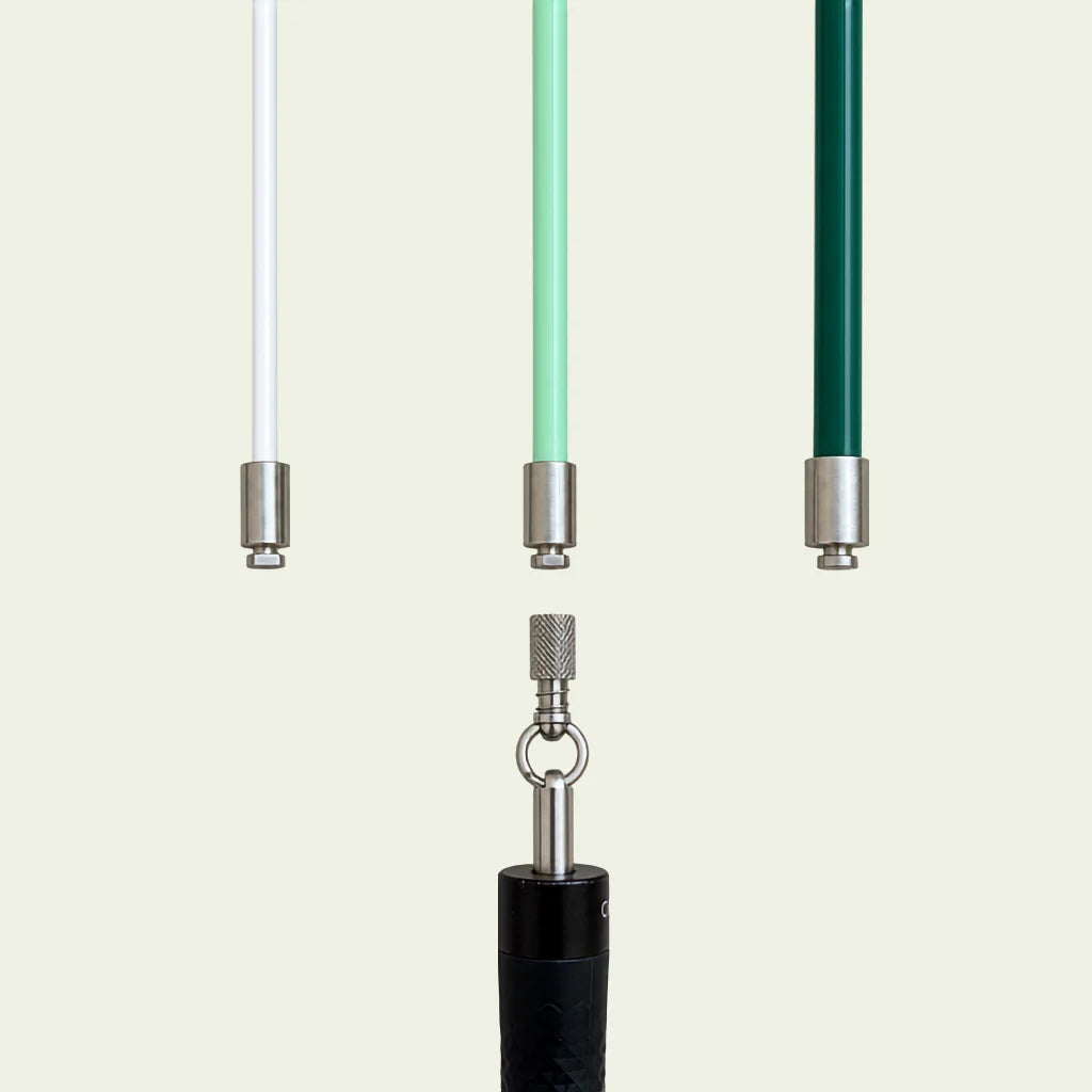 The three interchangeable Circulis cables — quarter pound, half pound and one pound — above a handle clipping on