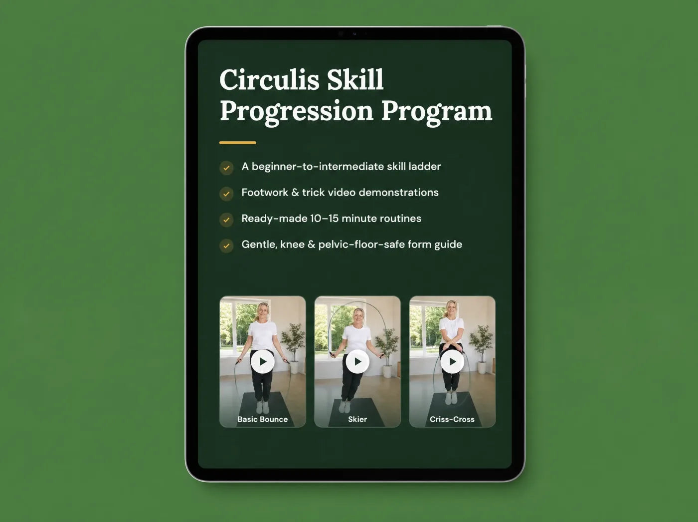 The Circulis skills program shown on a tablet — footwork and tricks for women