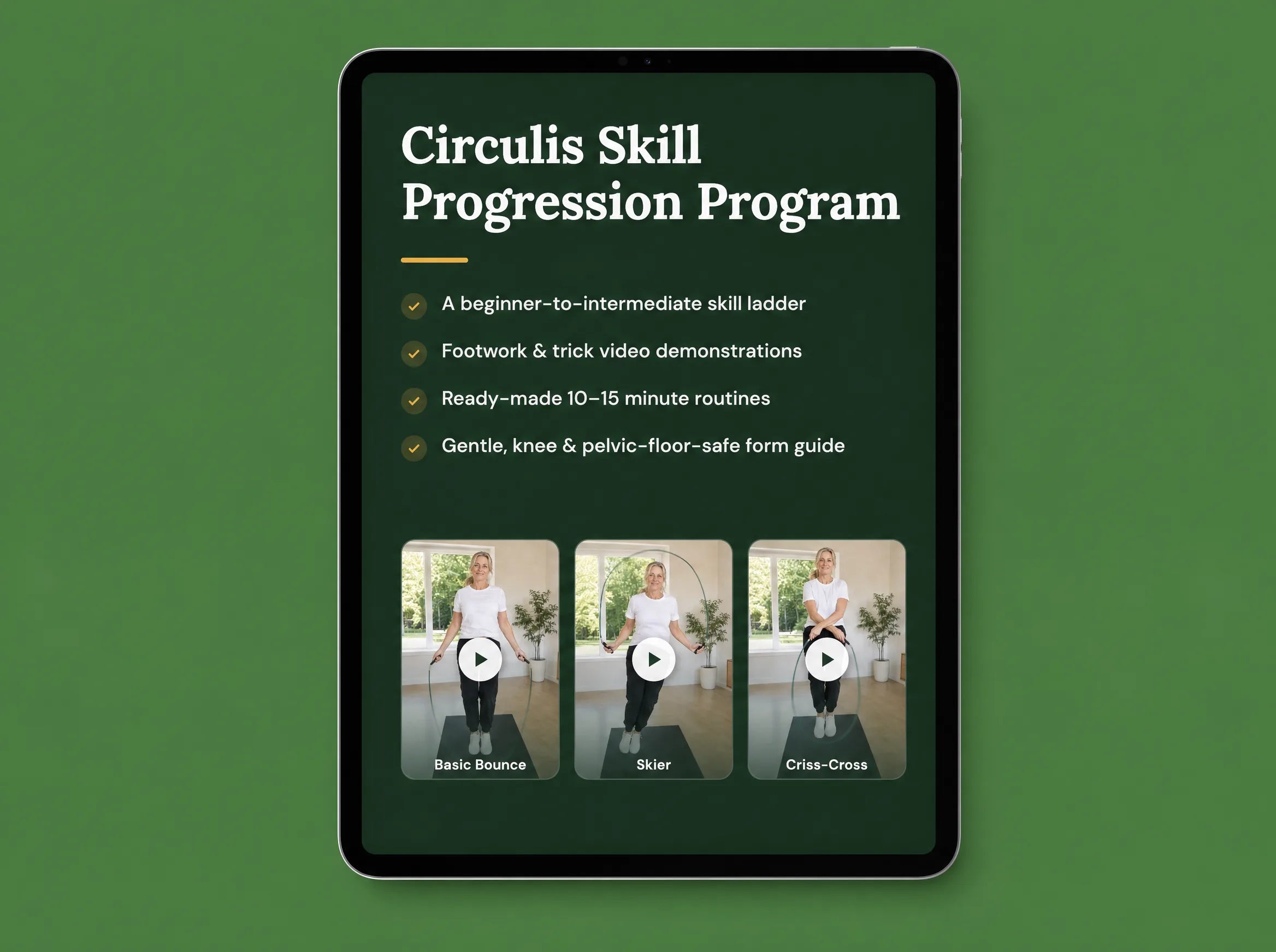 The Circulis skills program shown on a tablet — footwork and tricks for women